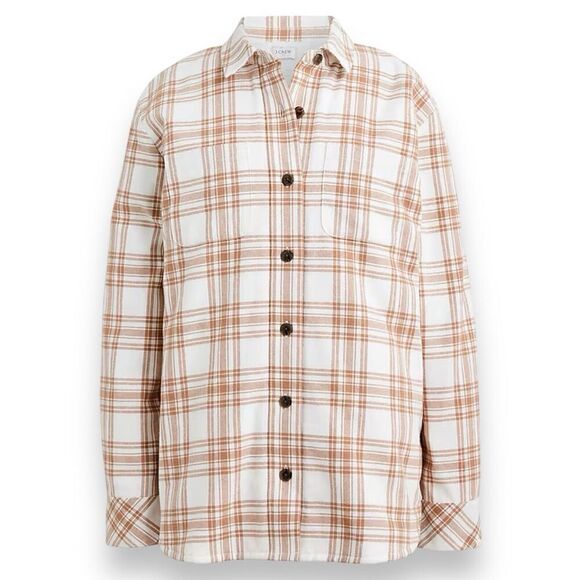 J Crew Shirt Jacket WMNS L Brown Sherpa-Lined Plaid BK434 Button Shacket Sienna - Picture 1 of 11